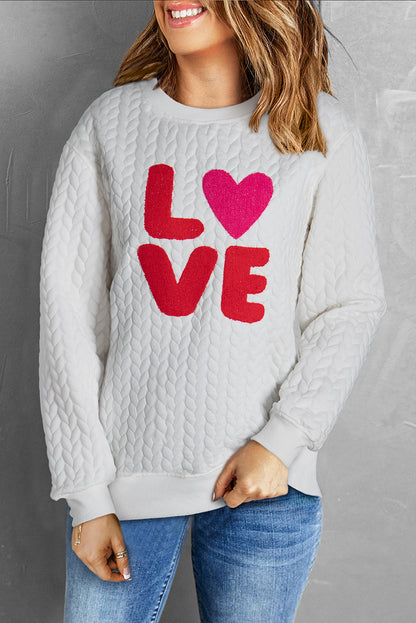 White LUCKY Chenille Embroidered Cable Knit Pullover Sweatshirt