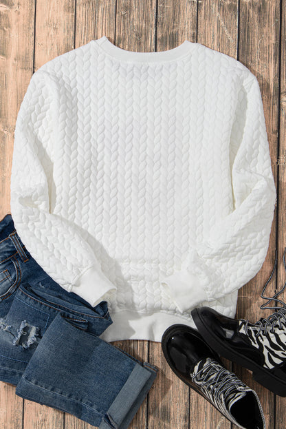 White LUCKY Chenille Embroidered Cable Knit Pullover Sweatshirt