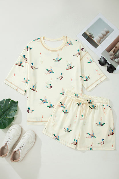 Mallard Duck Print Lounge Set Women Oversized Tee Shorts