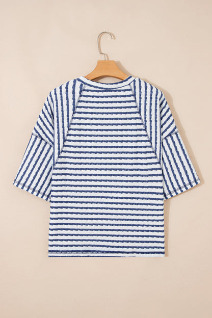 Apricot Stripe Textured Loose Fit Short Sleeve Top