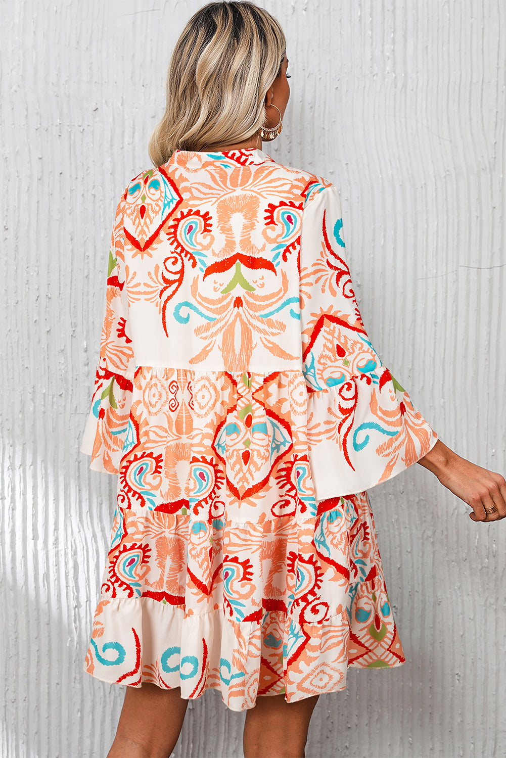 Boho Print Tiered Bell Sleeve Button Front Mini Dress