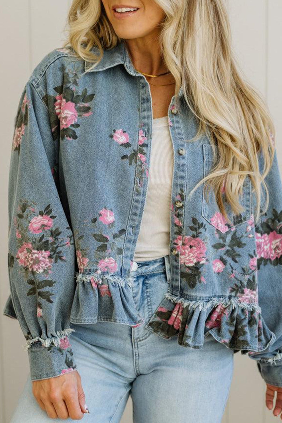 Floral Denim Jacket Ruffle Hem Puff Sleeve Cropped
