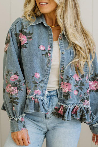 Floral Denim Jacket Ruffle Hem Puff Sleeve Cropped