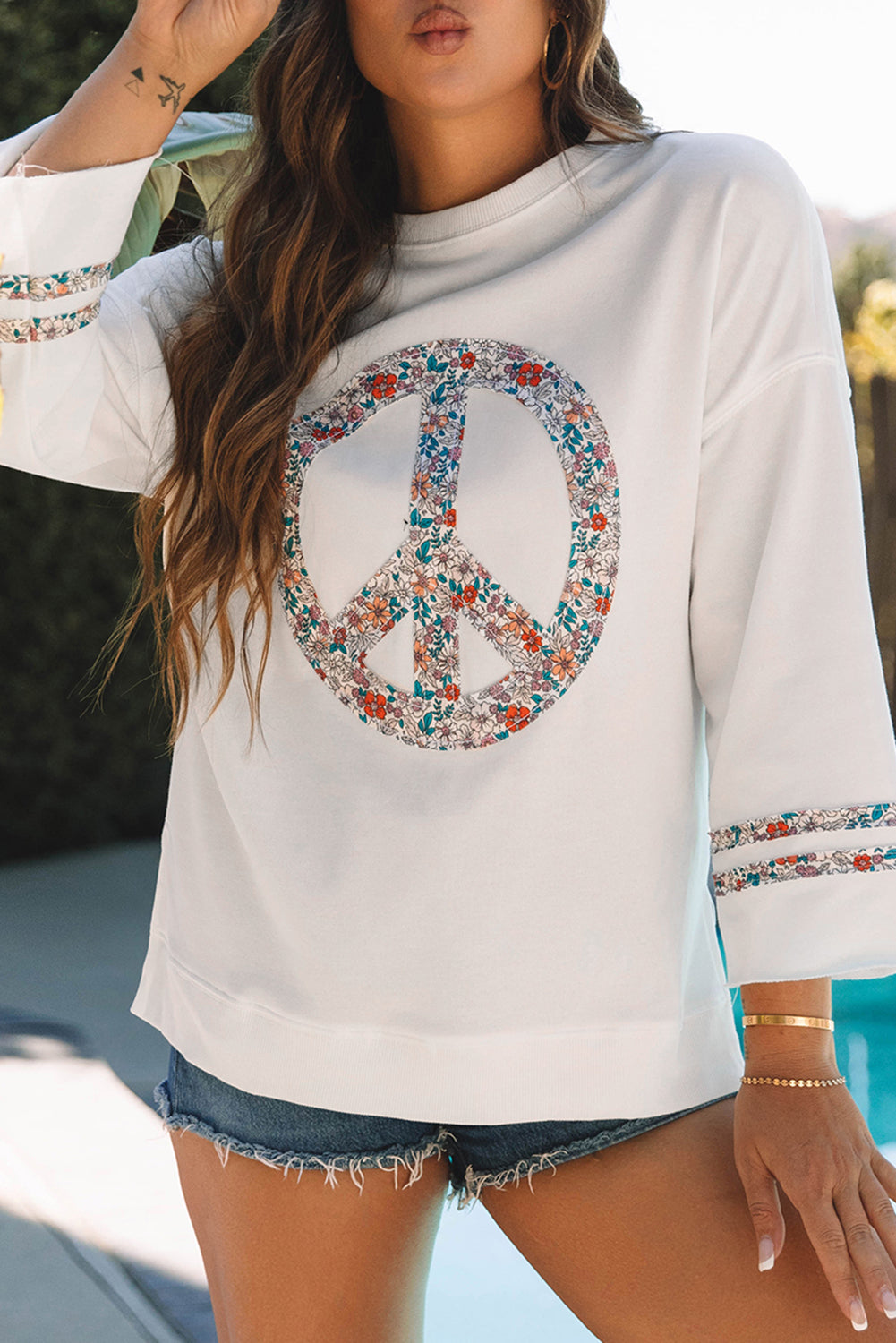 Jet Stream Floral Peace Sign Graphic Drop Shoulder Wide Sleeve Casual Top