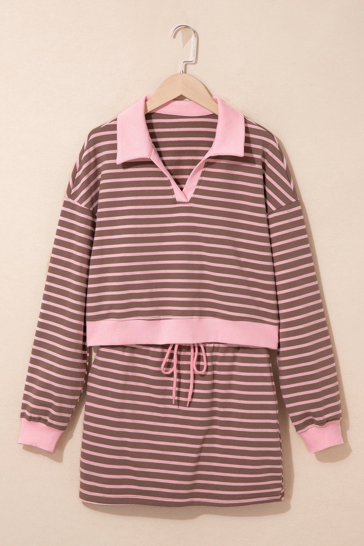Women's Preppy Striped Collared Drawstring 2-Piece Set