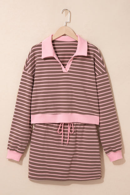 Women's Preppy Striped Collared Drawstring 2-Piece Set