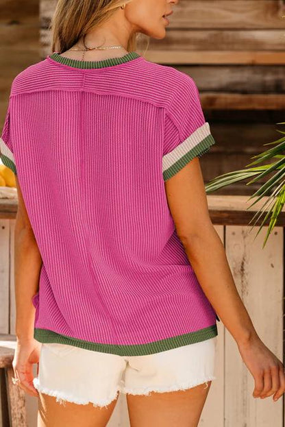 Textured Contrast Trim Round Neck T Shirt