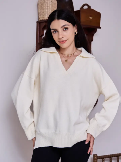 V Neck Collared Knit Sweater Oversized Casual Pullover