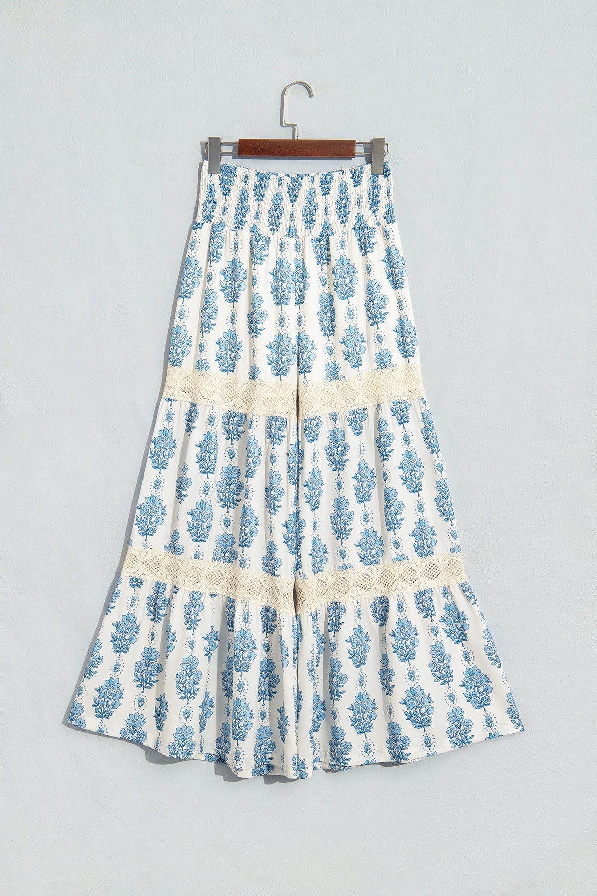 Sky Blue Floral Print Lace Patchwork Detail Wide Leg Pants