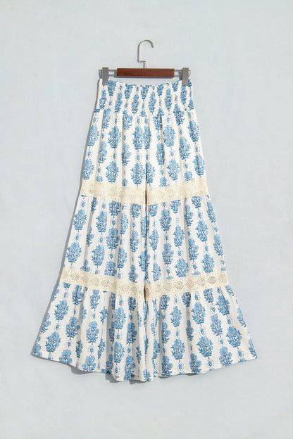 Sky Blue Floral Print Lace Patchwork Detail Wide Leg Pants