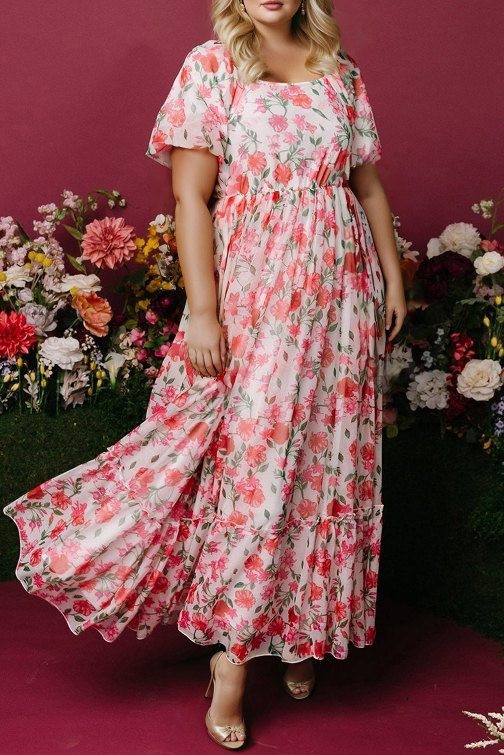 Plus Size Easter Floral Puff Sleeve Maxi Dress