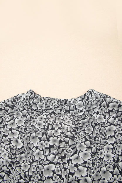 Black Rose Floral Print Ruffle Sleeve Plus Size Shift Top