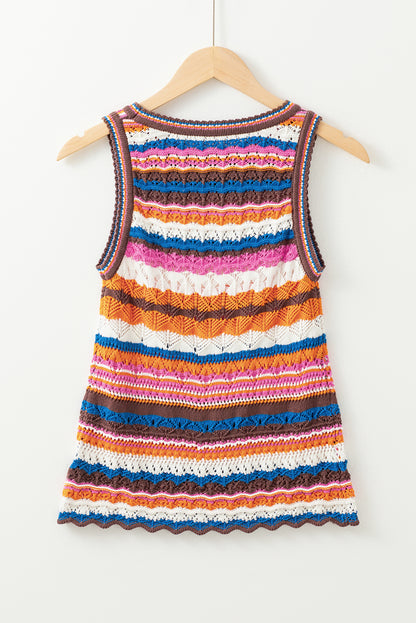 Boho Striped Crochet Knit Tank Sleeveless Sweater