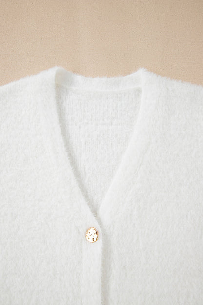 Soft Fuzzy Button Front Long Knit Cardigan with Pockets