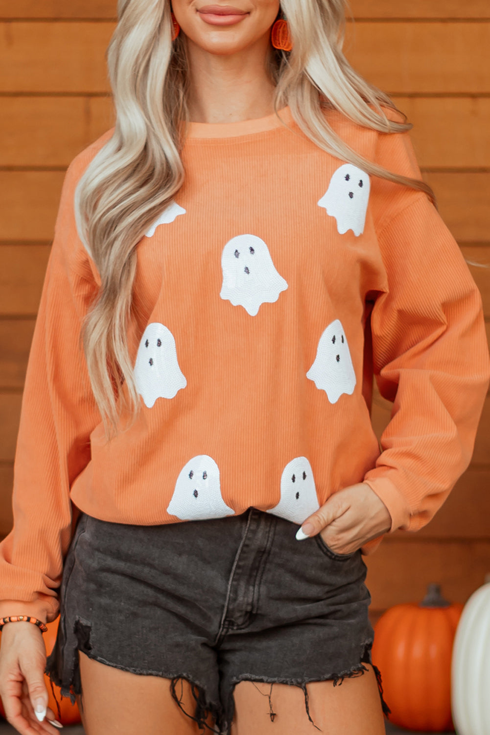 Women's Halloween Ghost Patch Ribbed Knit Sweatshirt