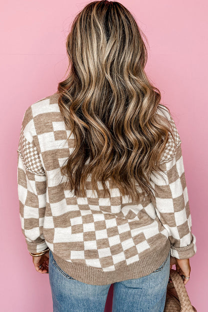 Brown Checkered Print Drop Shoulder Round Neck Sweater