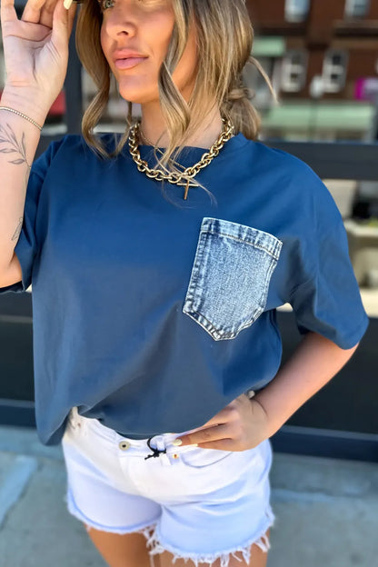 Pocket Tee Women Contrast Denim Pocket Casual T Shirt