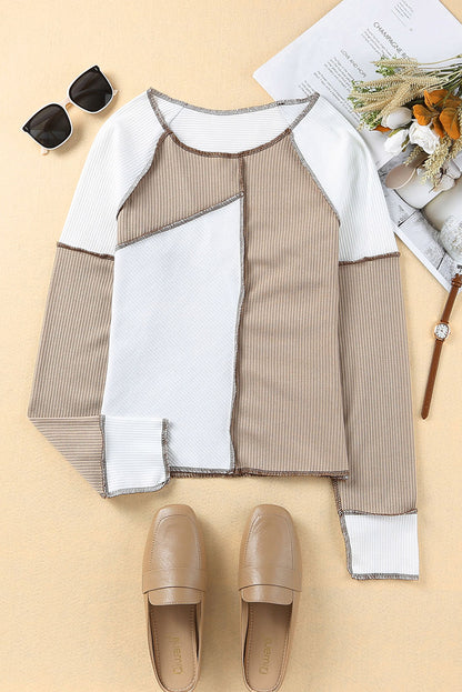 Irregular Color Block Rib Knit Long Sleeve Top