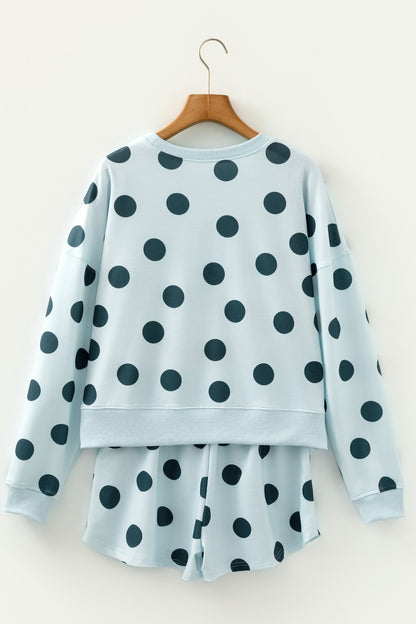 Pink Polka Dot Drop Shoulder Pullover Shorts Set