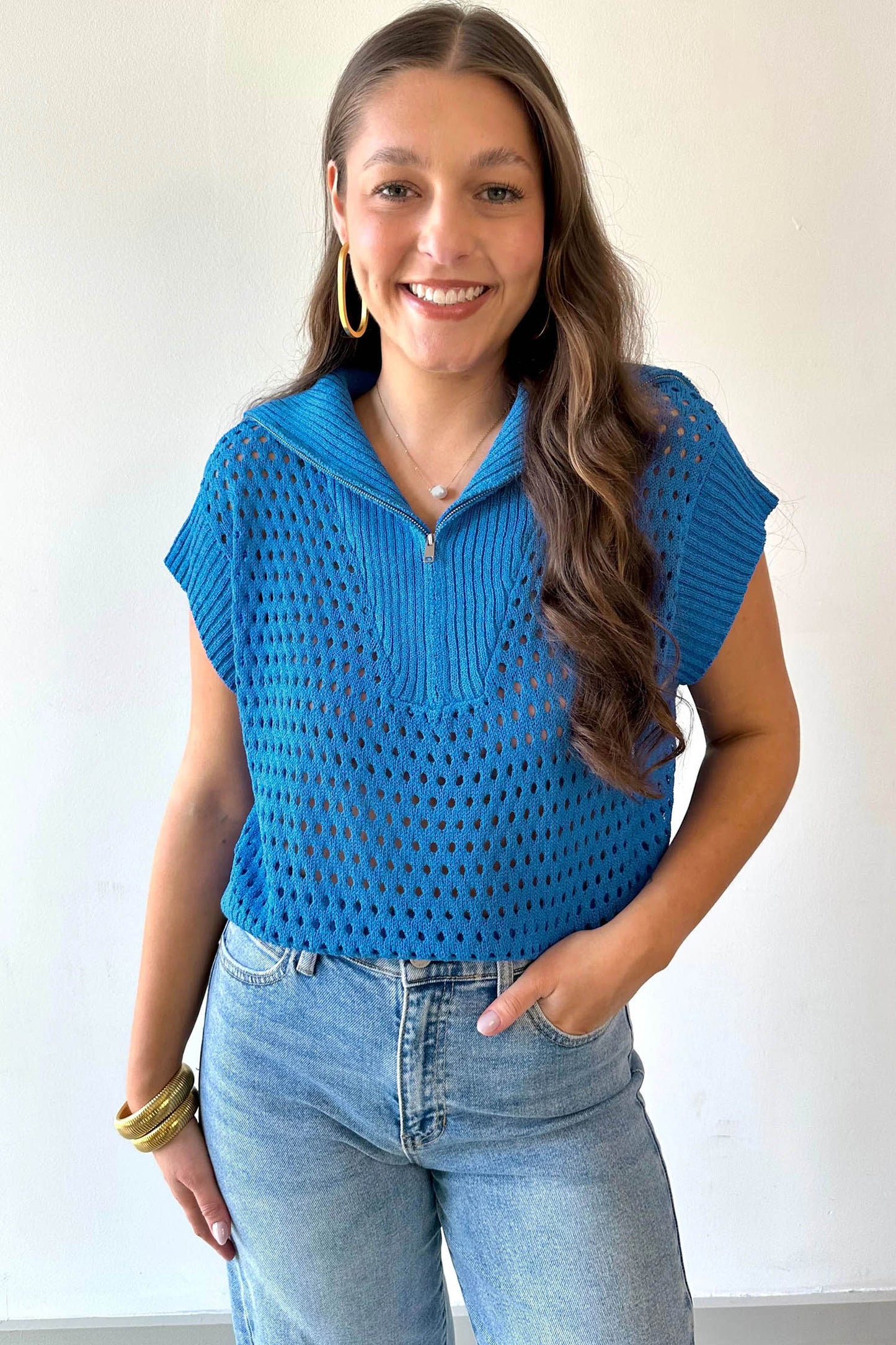 Open Knit Quarter Zip Short Sleeve Sweater Top