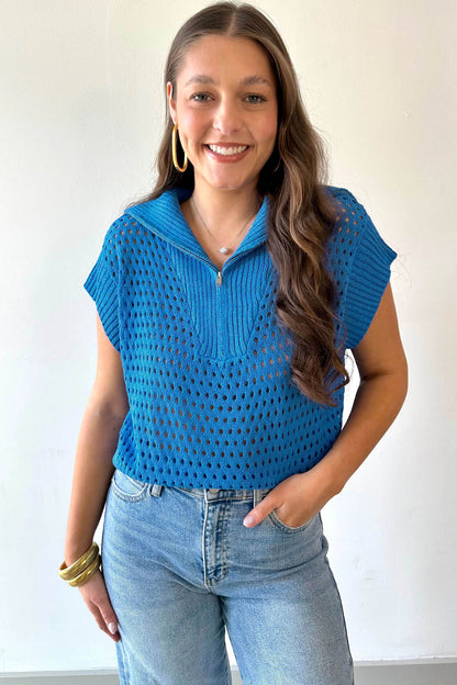 Open Knit Quarter Zip Short Sleeve Sweater Top