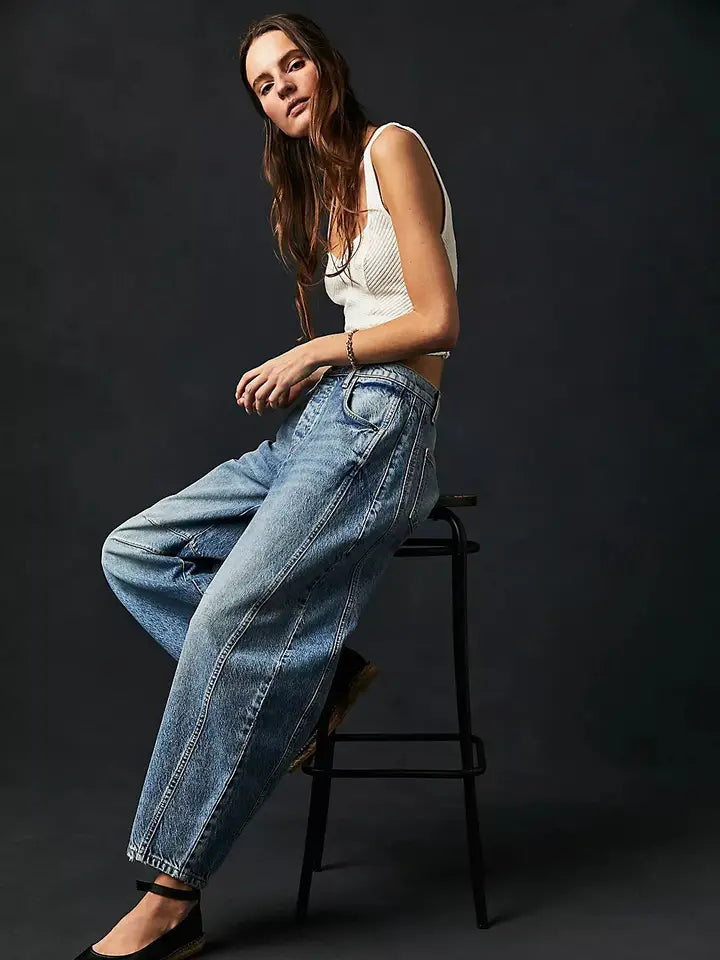 Leopard Print Washed Denim Barrel Leg Jeans High Rise
