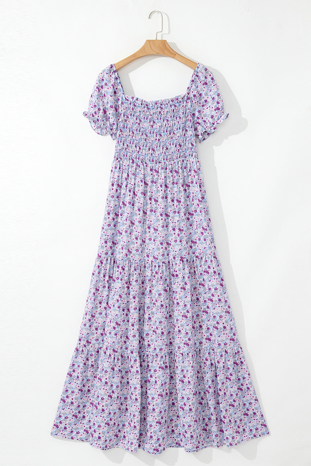 Purple Floral Off Shoulder Smocked Maxi Dress