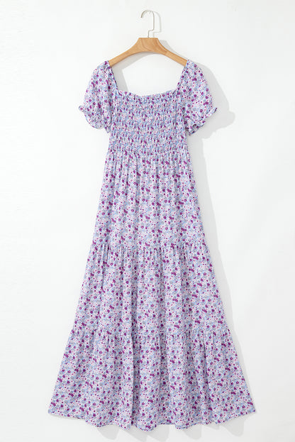 Purple Floral Off Shoulder Smocked Maxi Dress