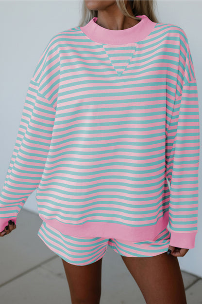 Striped Long Sleeve Pullover and Shorts Lounge Set
