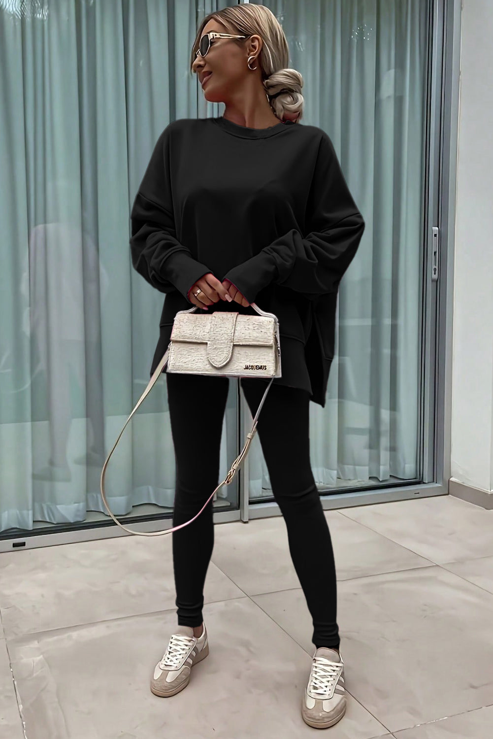 Solid Oversize Slit Sweatshirt with Ribbed Leggings Set
