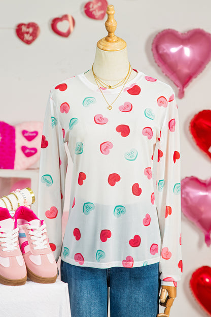 White Sheer Mesh Slogan Heart Printed Long Sleeve Top