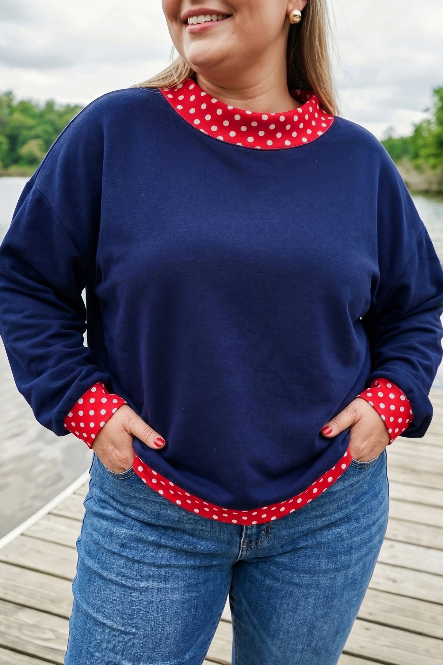 Polka Dot Trim Plus Size Crew Neck Tunic Sweatshirt
