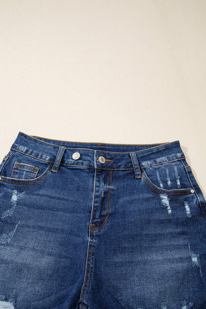 Sail Blue High-Waist Distressed Raw Hem Denim Shorts