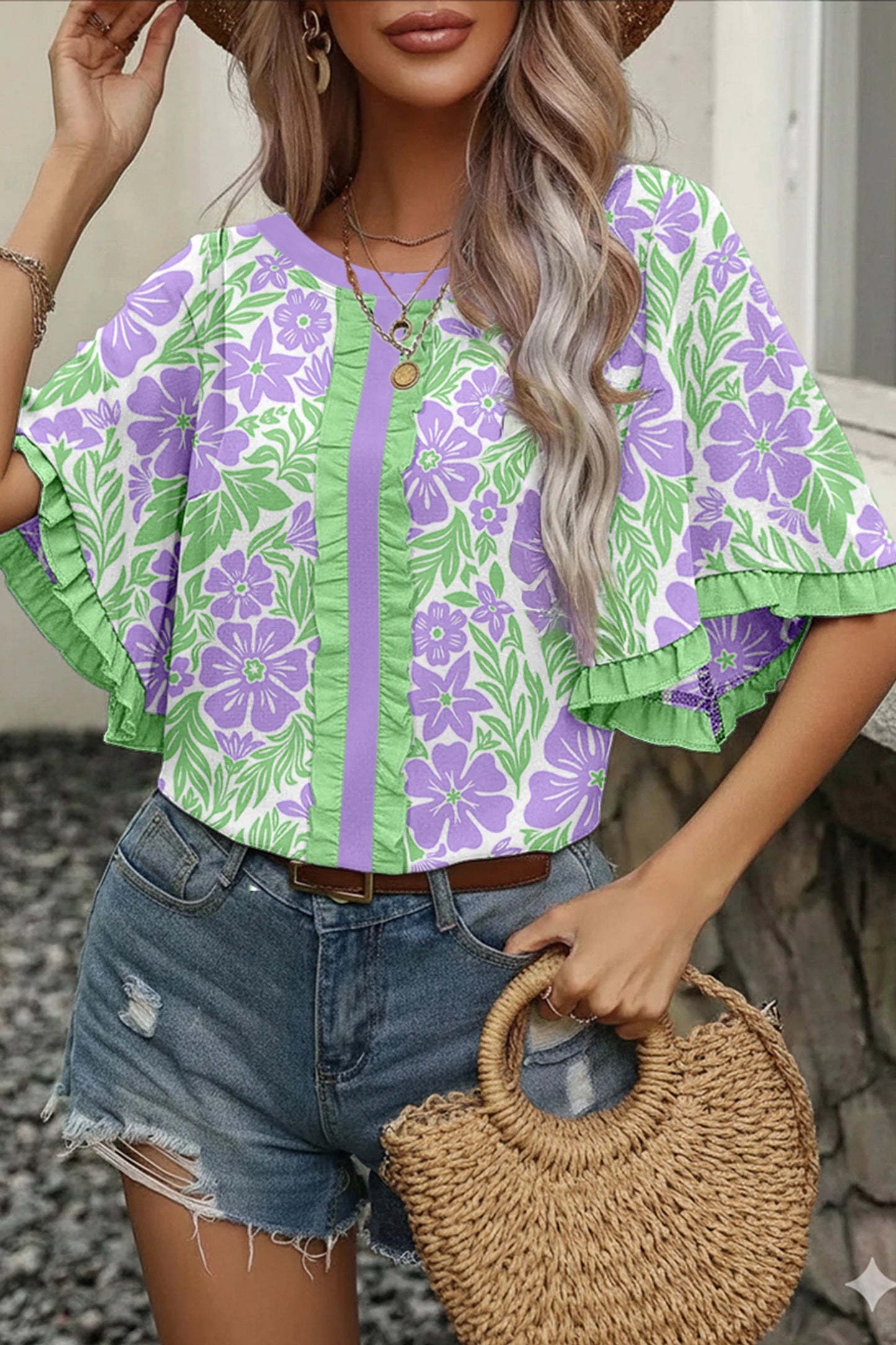 Sky Blue Floral Ruffle Sleeve Boho Blouse