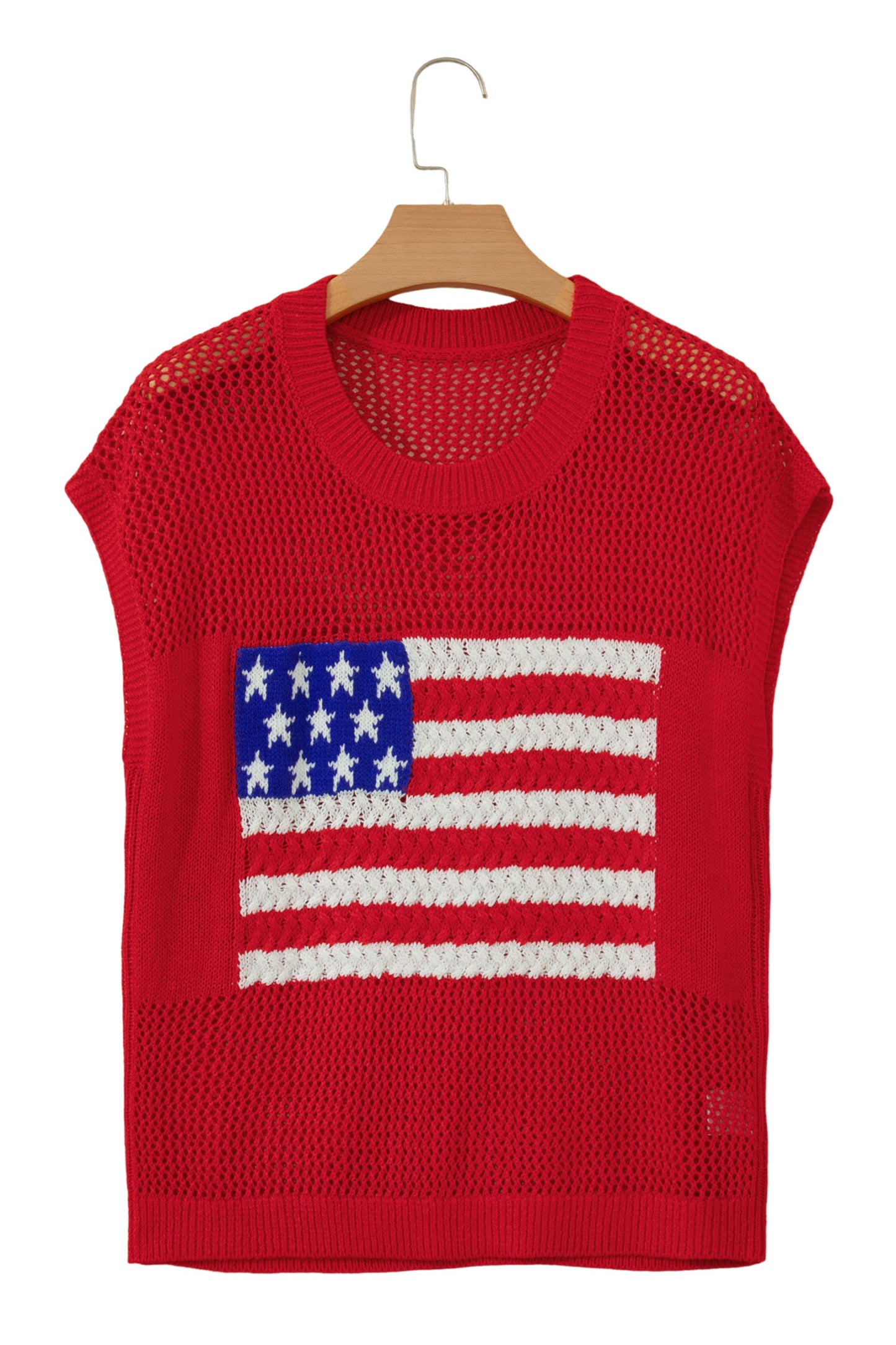 Blue American Flag Knit Short Sleeve Sweater Top