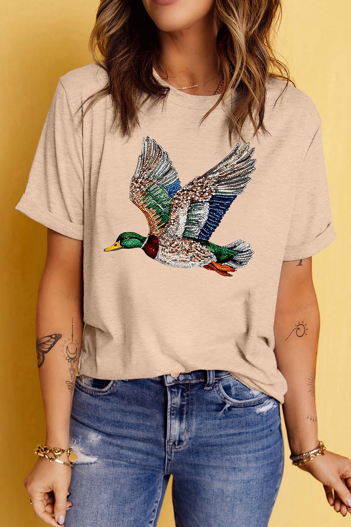 Rhinestone Duck Graphic Tee Crew Neck Casual T Shirt