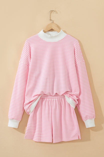 Pink Stripe Oversized Mock Neck Sweatshirt Shorts Set