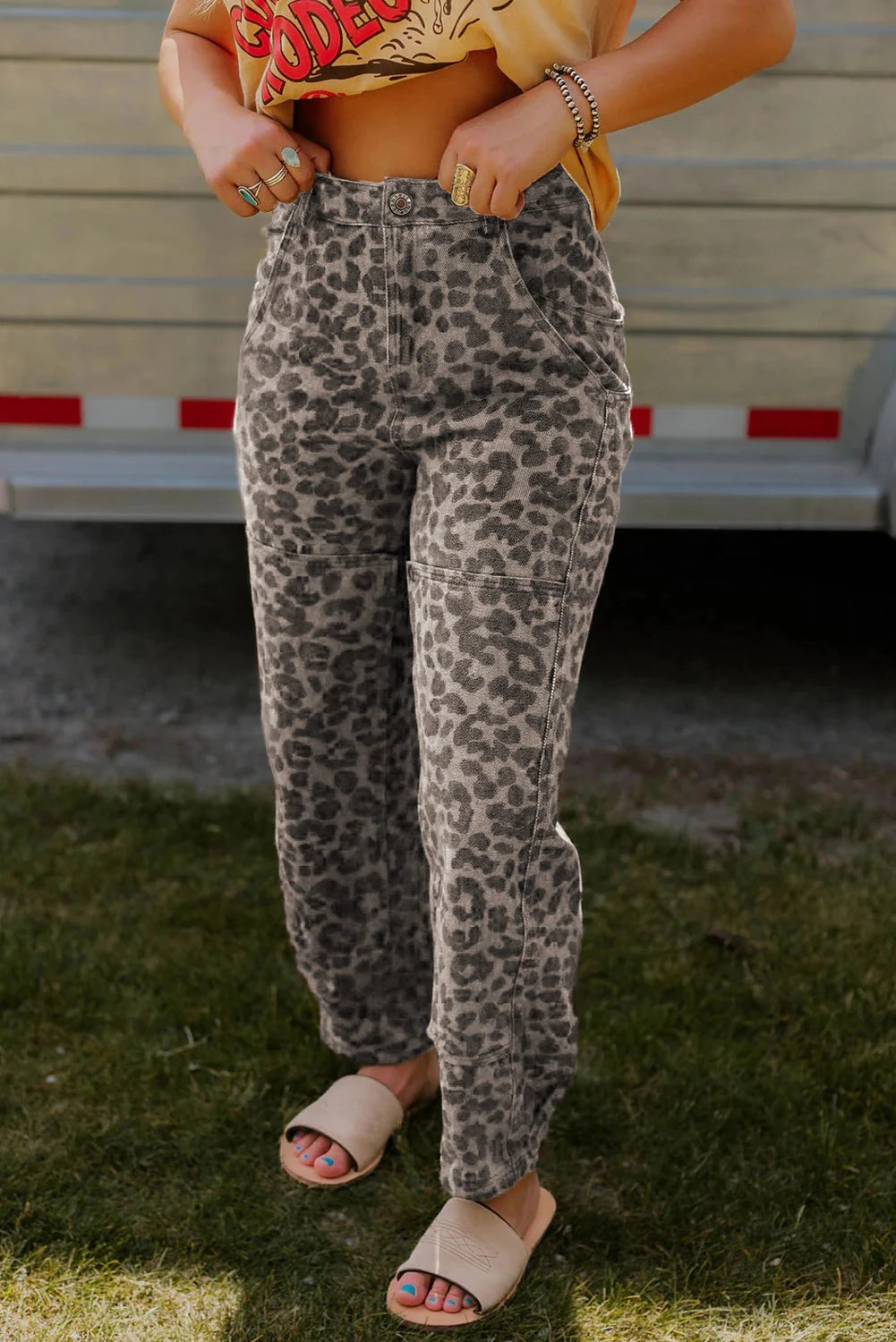 Brown Clear Seam Detail Patchwork Leopard Print Jeans