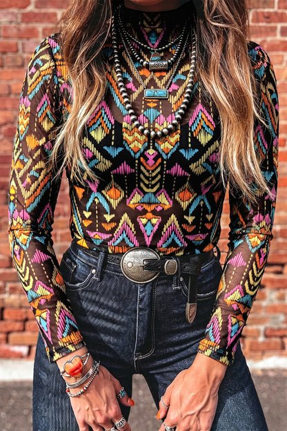 Abstract Print Mock Neck Mesh Long Sleeve Top