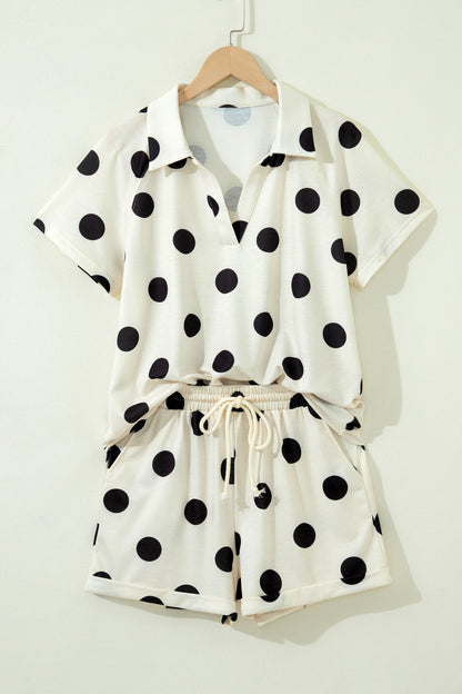 Green Polka Dot Lounge Set V Neck Tee and Shorts