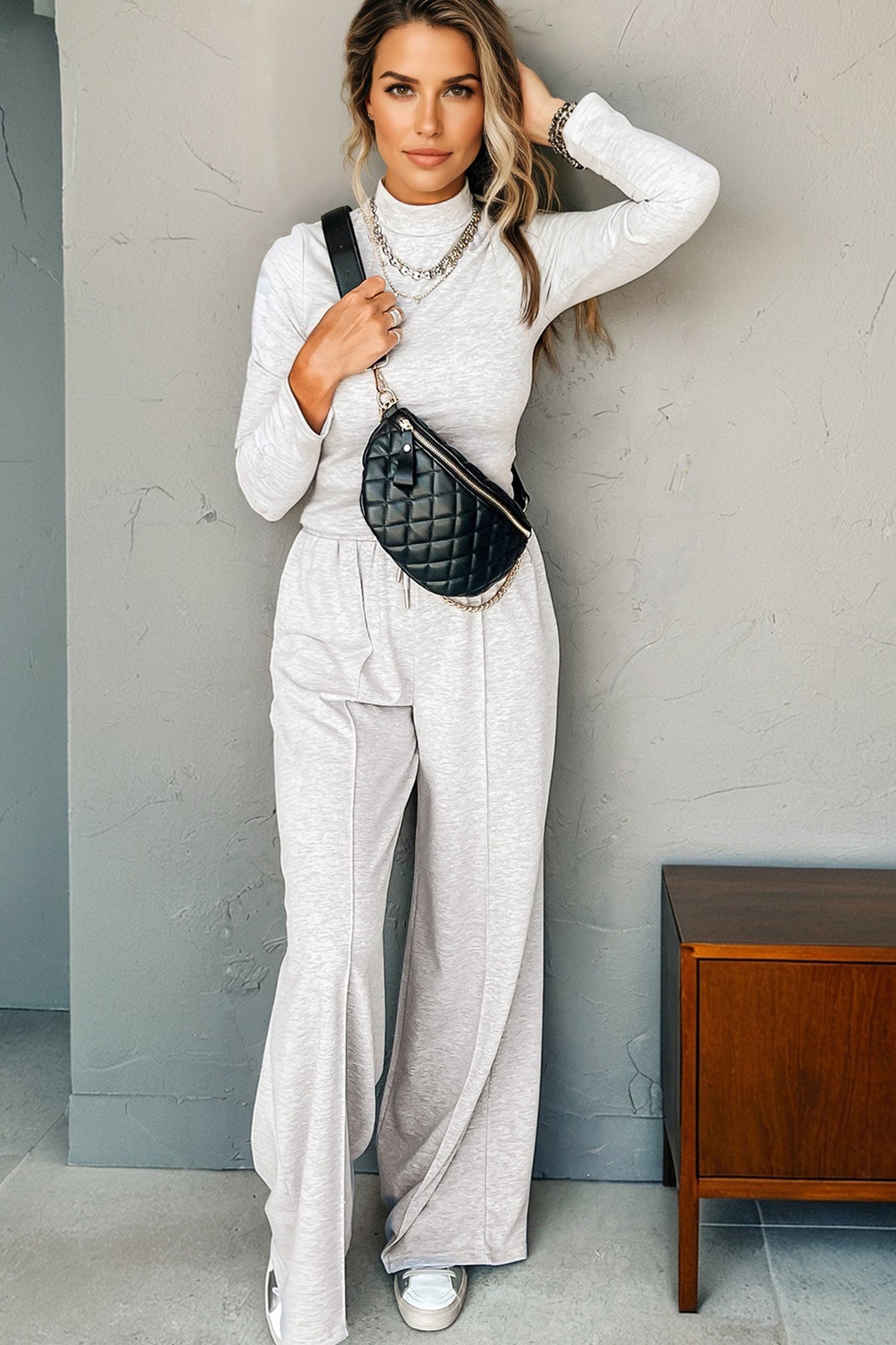 Light Grey High Neck Long Sleeve Top and Wide Leg Lounge Pants Set