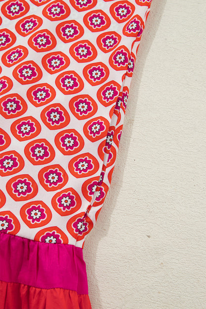 Orange Geometric Print Button Front Ruffle Hem Mini Dress