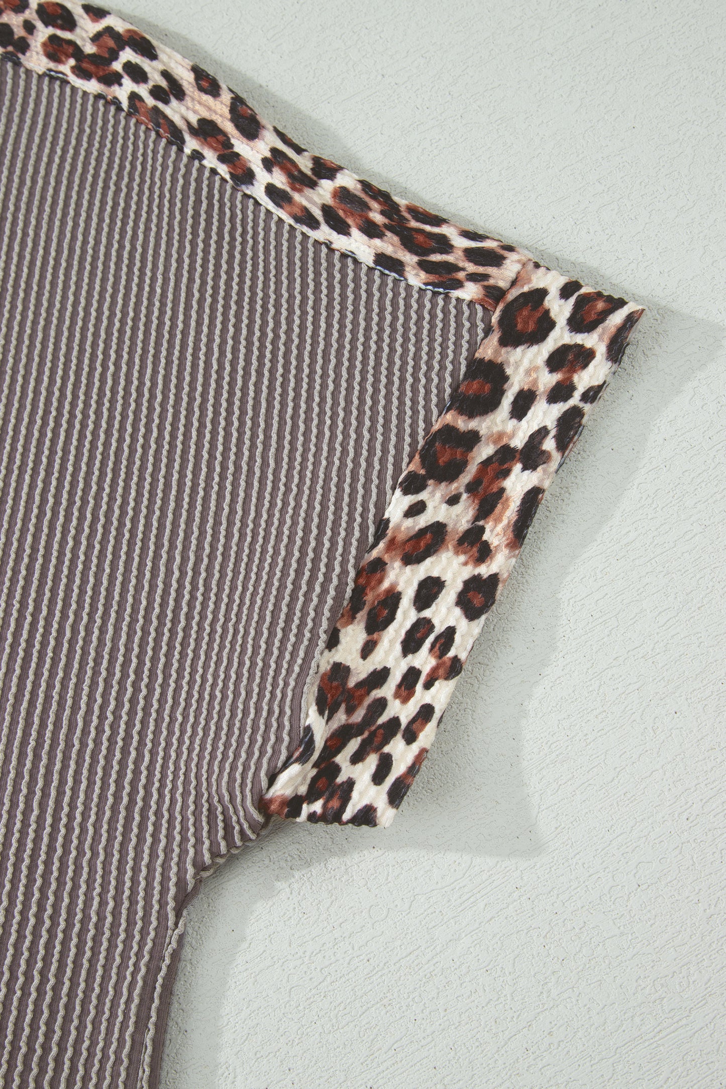 Leopard Trim Ribbed Short Sleeve Top and Shorts Set