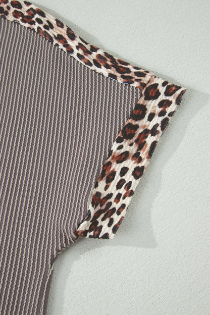 Leopard Trim Ribbed Short Sleeve Top and Shorts Set