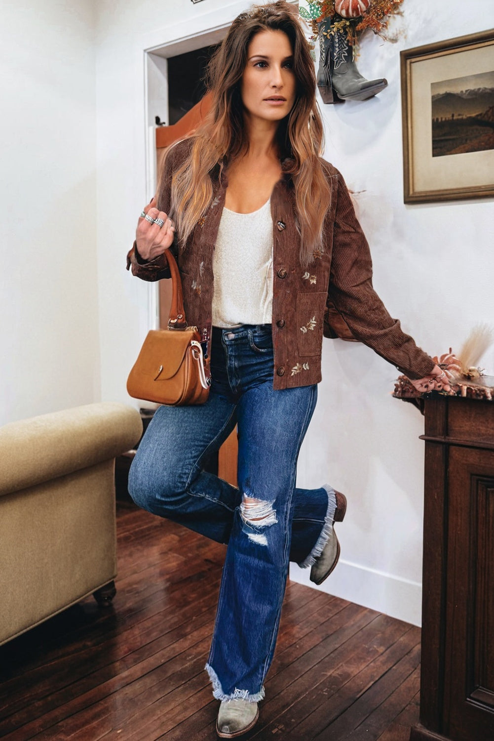 Coffee Corduroy Floral Embroidered Button Front Jacket