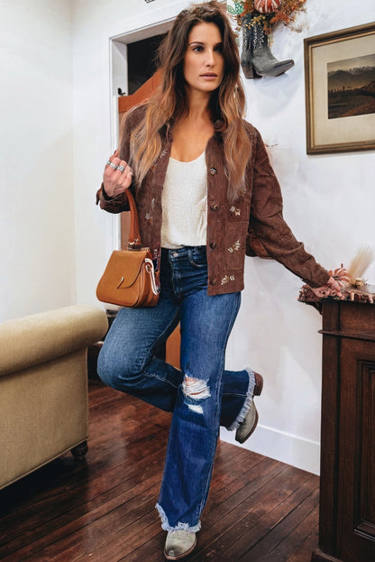 Coffee Corduroy Floral Embroidered Button Front Jacket