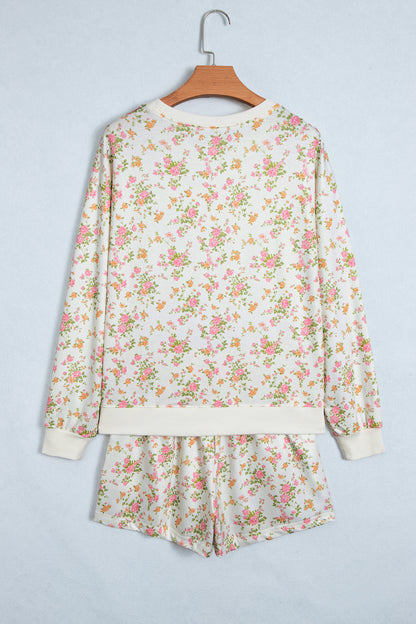 Floral Sweatshirt Shorts Set Women Lounge Two Piece Set