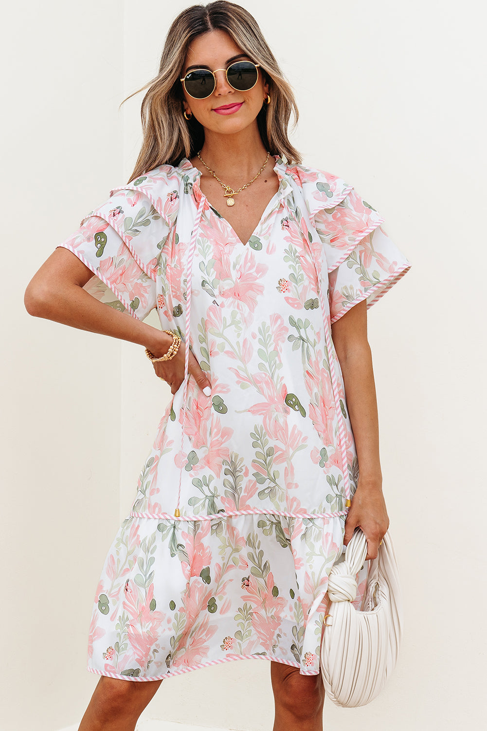 Sky Blue Floral Ruffle Sleeve Tie Neck Mini Dress