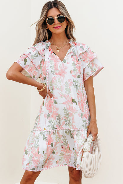 Sky Blue Floral Ruffle Sleeve Tie Neck Mini Dress