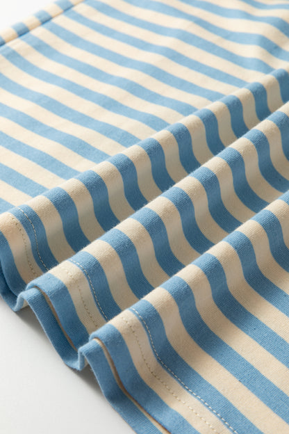 Sky Blue Striped Contrast Neck Drop Shoulder Loose Tee
